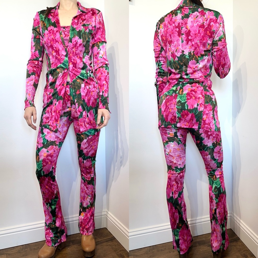 Ronny Kobo Floral Printed set pants jacket blazer bandeau top pink multi